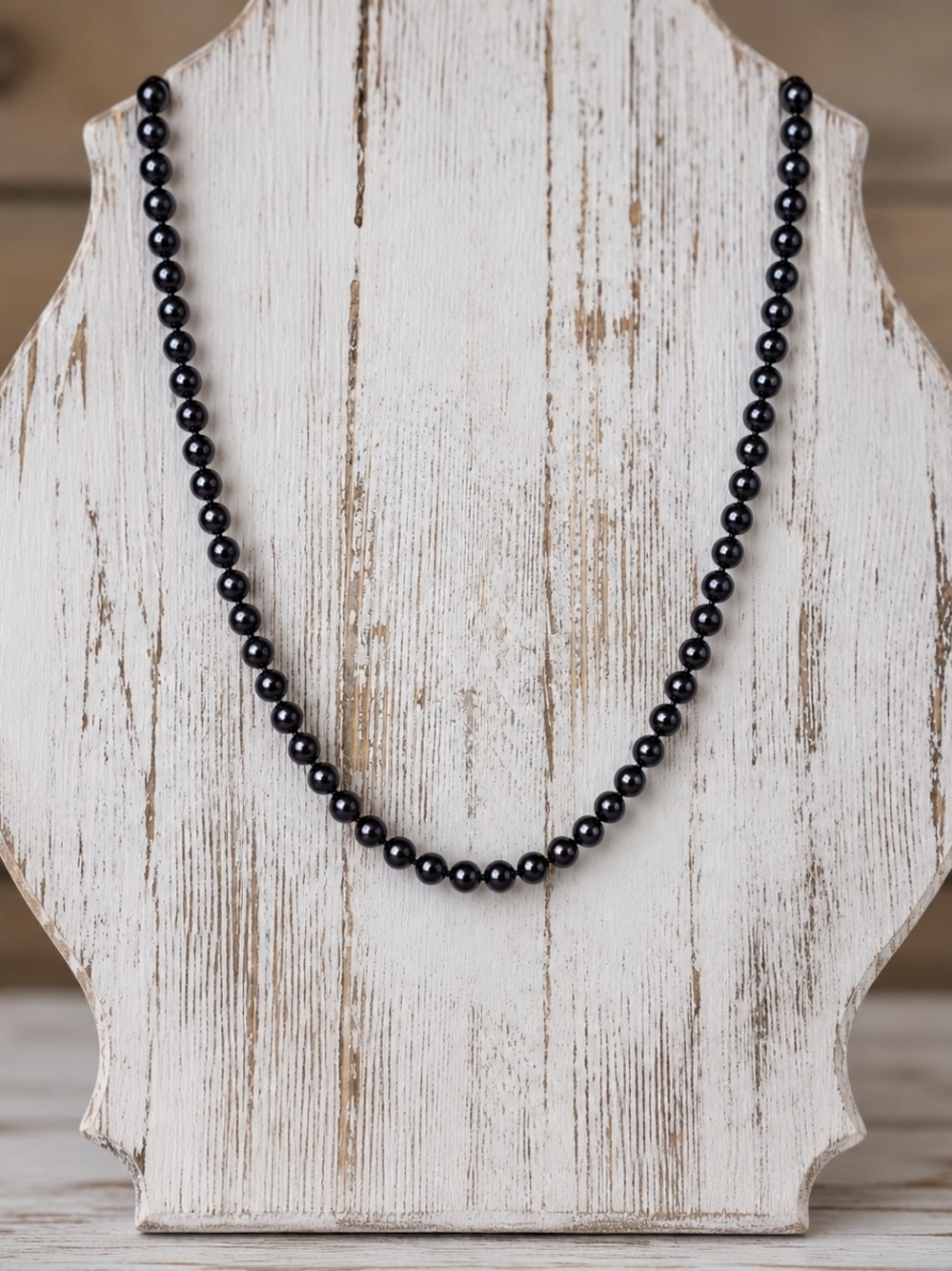 Vintage Black Faux Pearl Necklace 30” Knotted Beaded Strand Gothic Statement